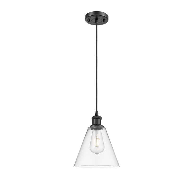 Luminaire suspendu conique à 1 lumière Halyn, H 11,75 po x l 8 po x P 8 po, Transparent, Noir mat