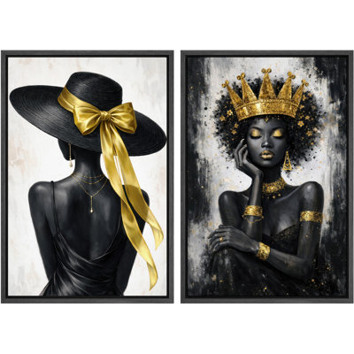 Black Gold Fashion Woman Artwork, Glam Bedroom Pictures, Framed Canvas Giclee Print 2 Pieces Wall Art