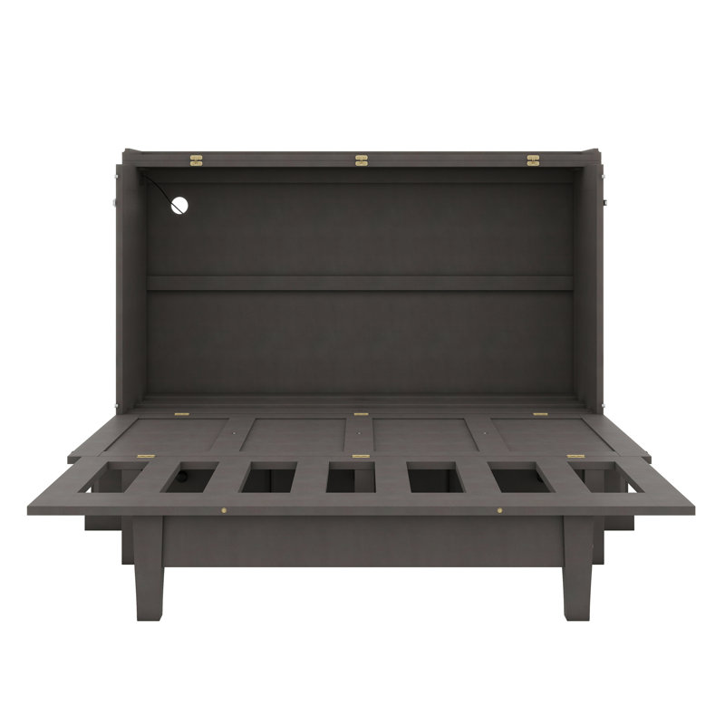 Lit escamotable en bois avec station de charge et grand tiroir de rangement, Double, gris