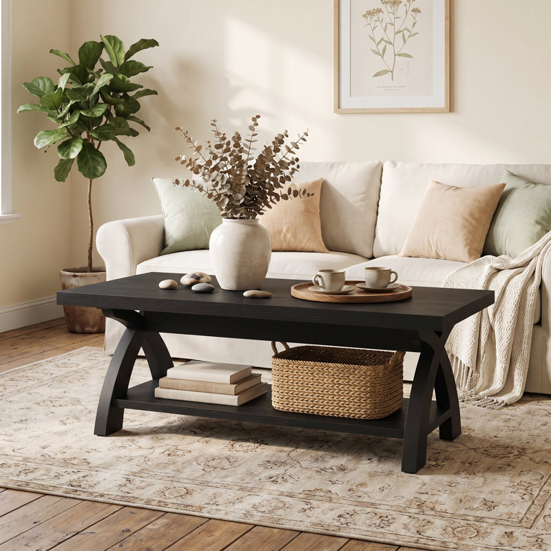 Solid Wood Coffee Table With Storage Shelf, Rustic Rectangular Center Table, Black