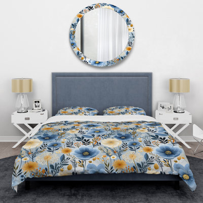 Blue Boho Chic Floral Motif - Ensemble de housse de couette floral