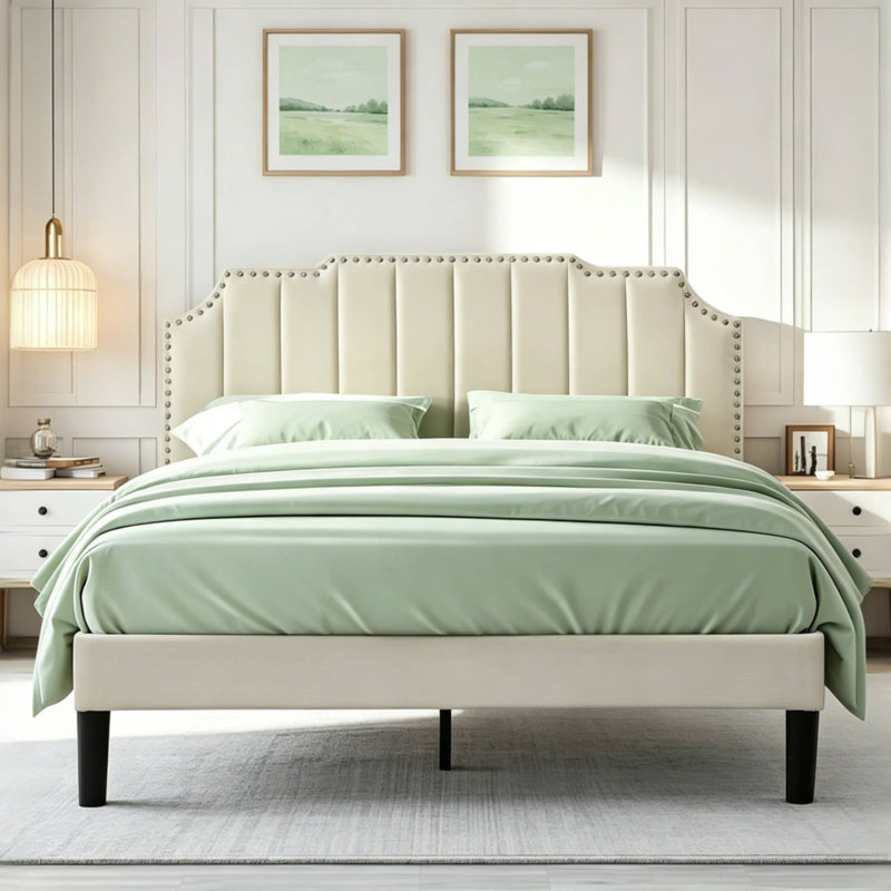 Lit double avec tête de lit capitonnée réglable, lit plateforme, sommier à ressorts, aucun sommier nécessaire, Beige, Double