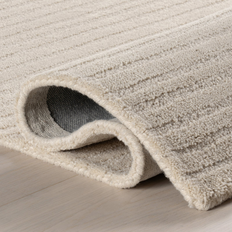 Handmade Beige Wool Rectangular Area Rug with Subtle Stripes