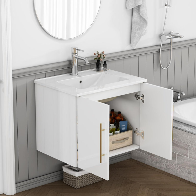 Meuble-lavabo mural double avec lavabo en céramique, Blanc