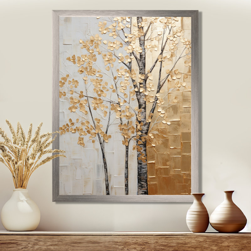 Minimalisme Golden Trees Harmony II - arbres, art mural, H 32 po x l 16 po x P 1 po, Cadre simple argenté