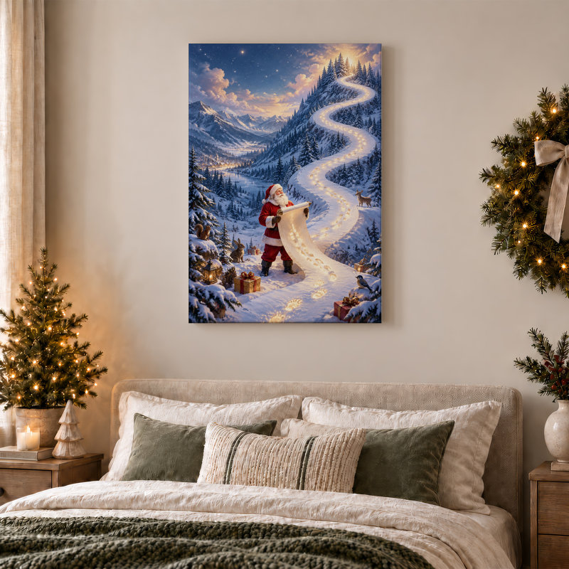 Père Noël tenant un rouleau lumineux sur toile de Noël, 18"H x 12"W