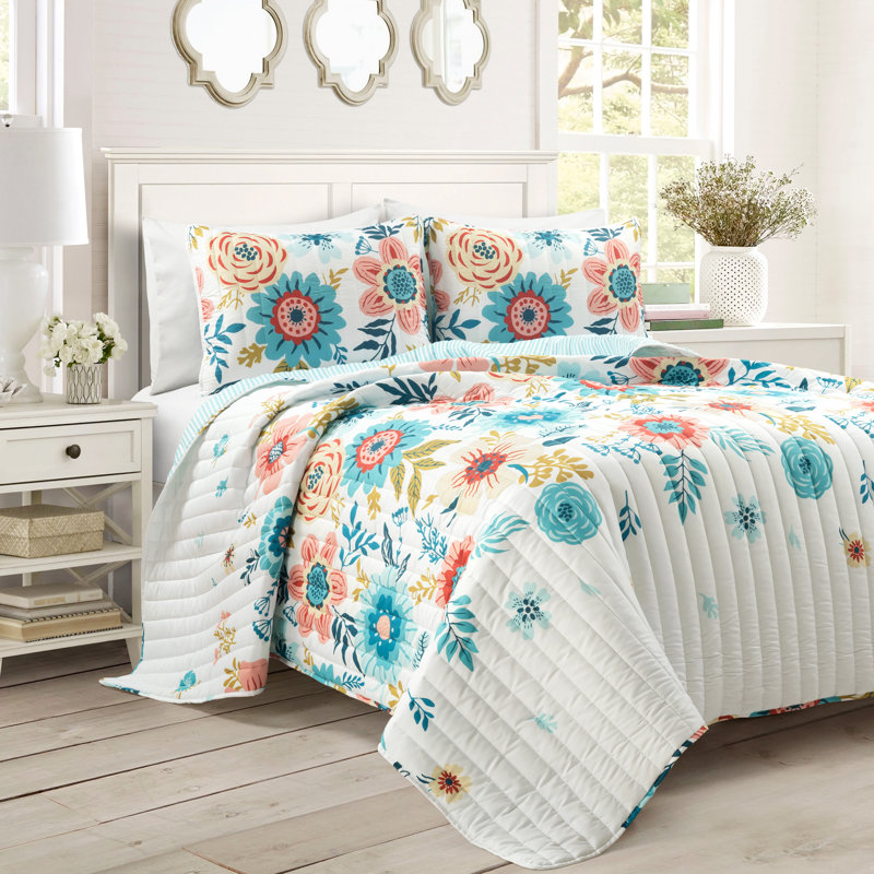 Ensemble de courtepointe réversible en microfibre bleue 3 pièces, Courtepointe pour grand lit + 2 taies décoratives