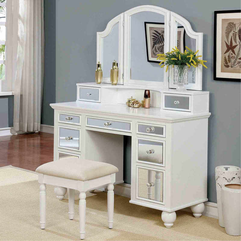 Ensemble de meuble-lavabo 1 pièce blanc avec tabouret et 3 tiroirs de rangement avec miroir