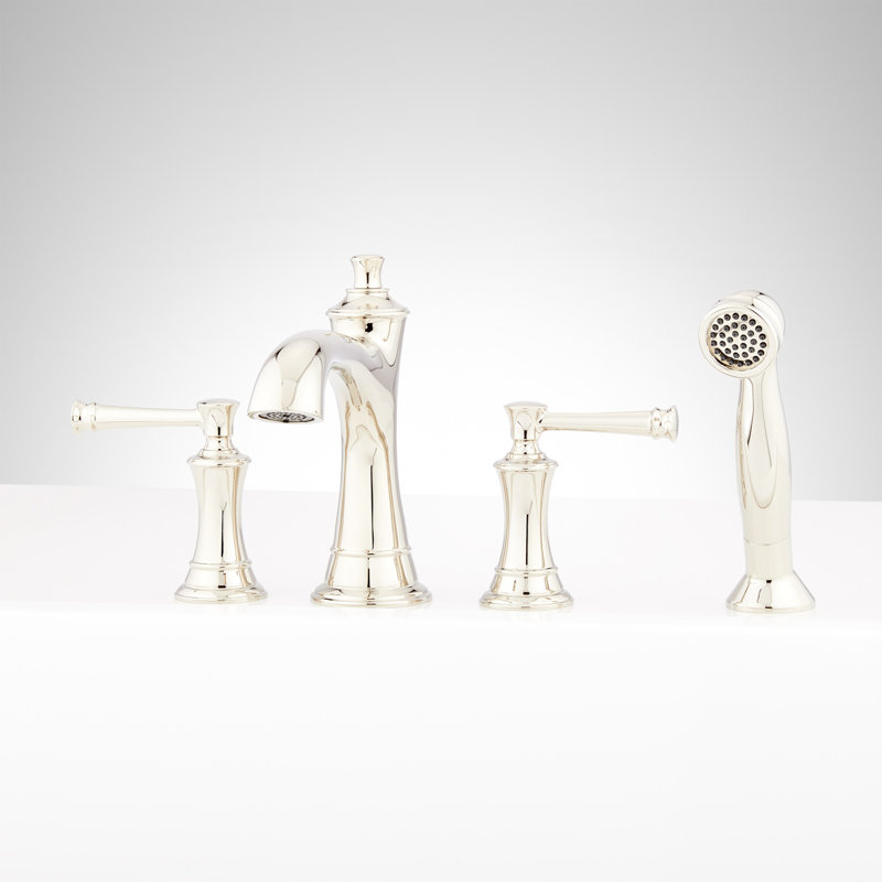 Robinet de baignoire romaine à 4 trous et douche à main Beasley - avec valve brute, Nickel poli