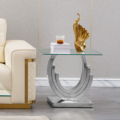 Luxury Square End Table, 22.8" Glass Sofa Side Table with Stainless Steel Frame and Clear Glass Top, Cocktail Tea Table, Modern Glass End Table for Home Office