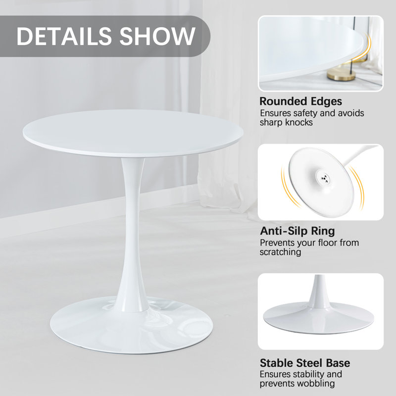 3-Piece Modern Round Dining Set For Kitchen Dining Room Small Spaces, White, White, White