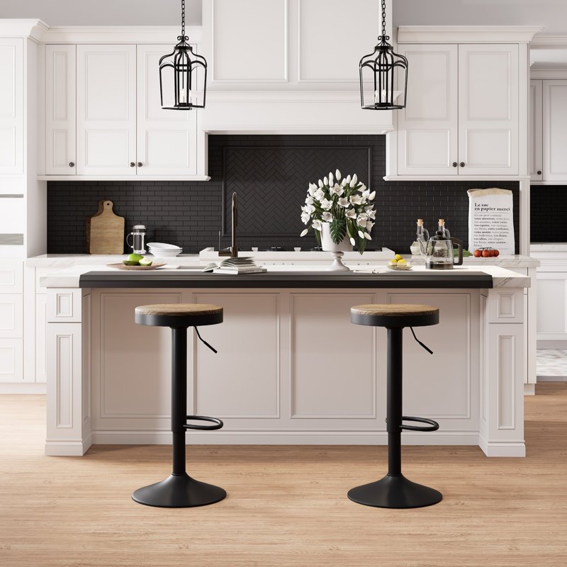Swivel Solid Wood Bar Stools, Adjustable Height Backless Counter Stools for Kitchen Island, Industrial Rustic Stool Set with Footrest