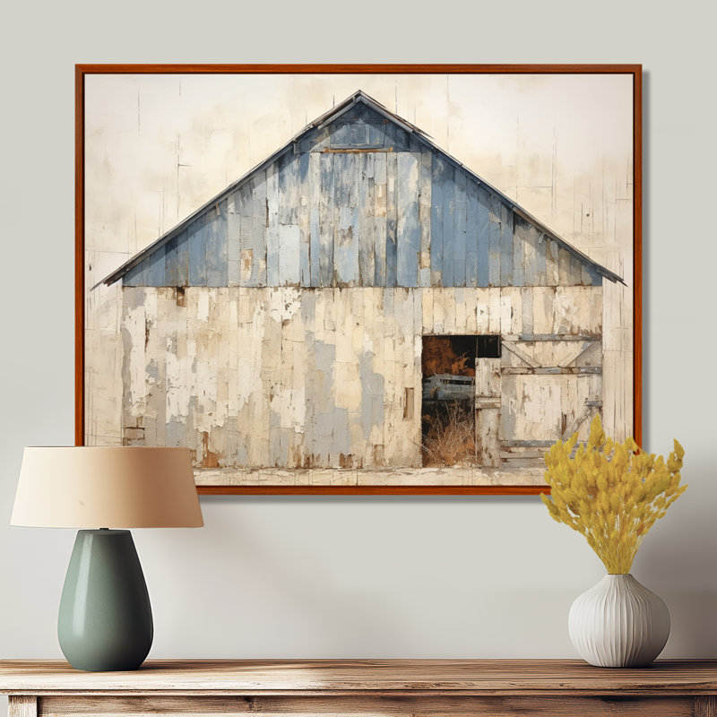 Beige et bleu grange - art mural de grange, H 12 po x l 20 po x P 1 po, Cadre flottant brun