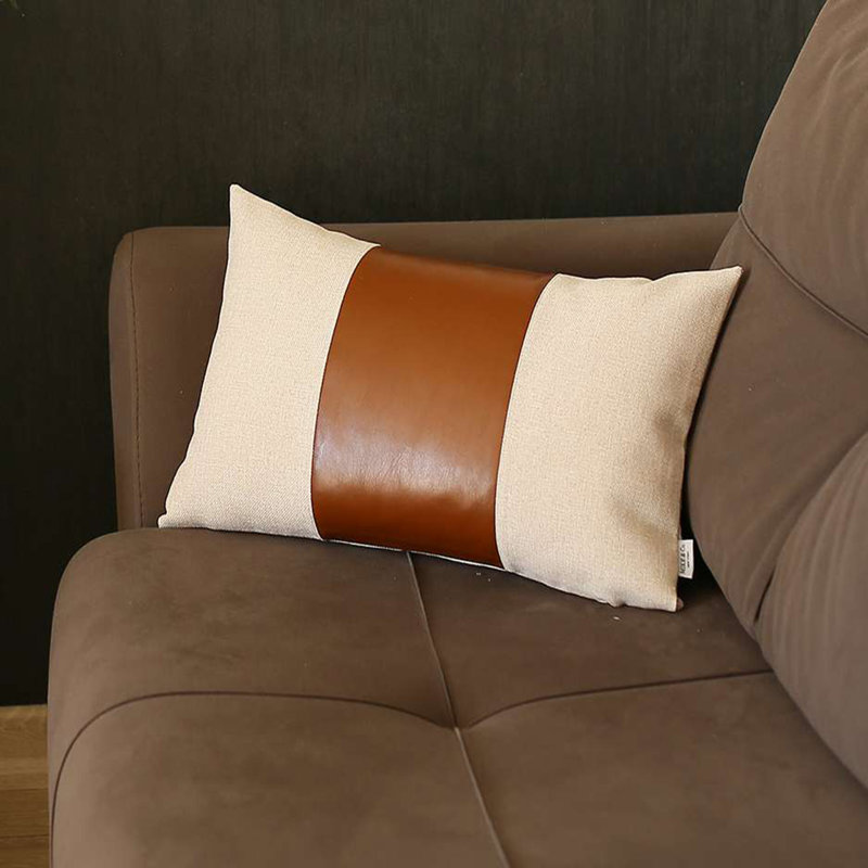 Ivory and Brown Faux Leather Lumbar Throw Pillow