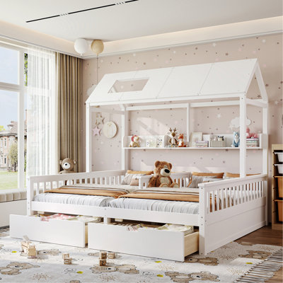 Lit plateforme simple double avec tablettes et tiroirs de rangement, style maison, lattes en bois massif, blanc