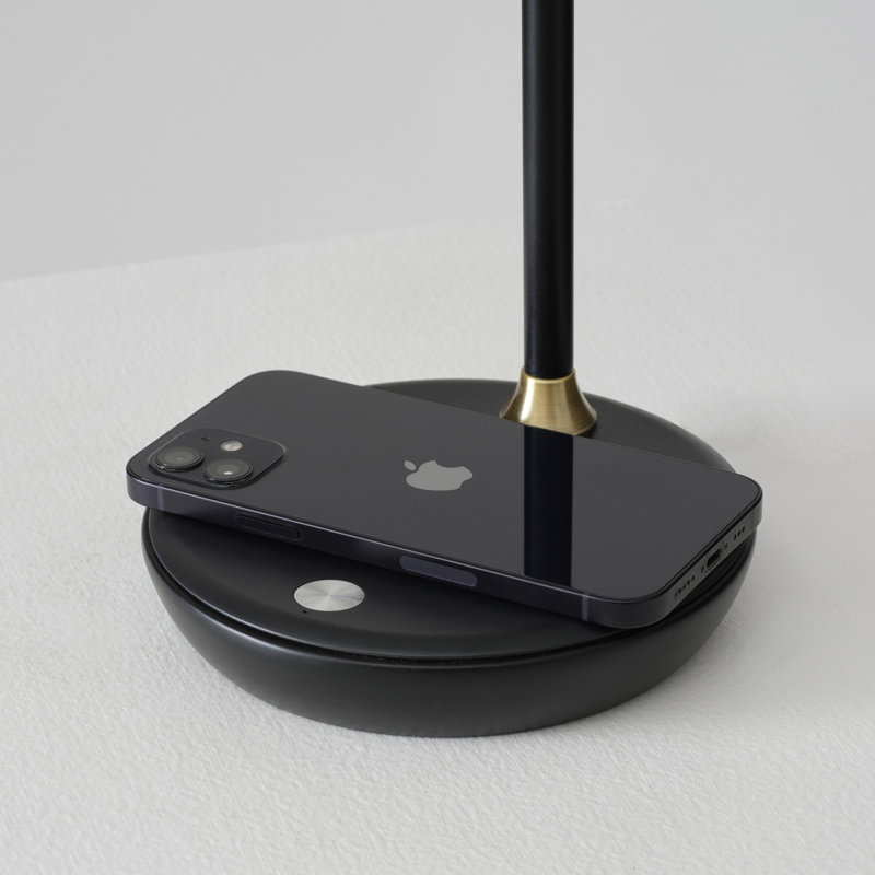Ezra 16.5" Modern LED Desk Lamp with Black Finish, Wireless Charging Pad, Adjustable Head, and 3-Way Dimming, Black