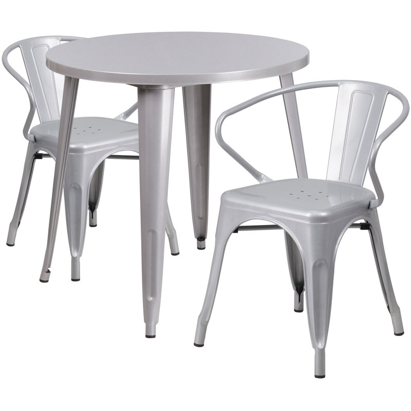 Duluth 30'' Round Metal Indoor-Outdoor Table Set with 2 Arm Chairs, Silver, 29.50" H x 30" W x 30" L