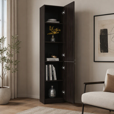Bibliothèque haute en noyer foncé avec 2 portes et cinq tablettes réglables pour un rangement et une présentation élégants