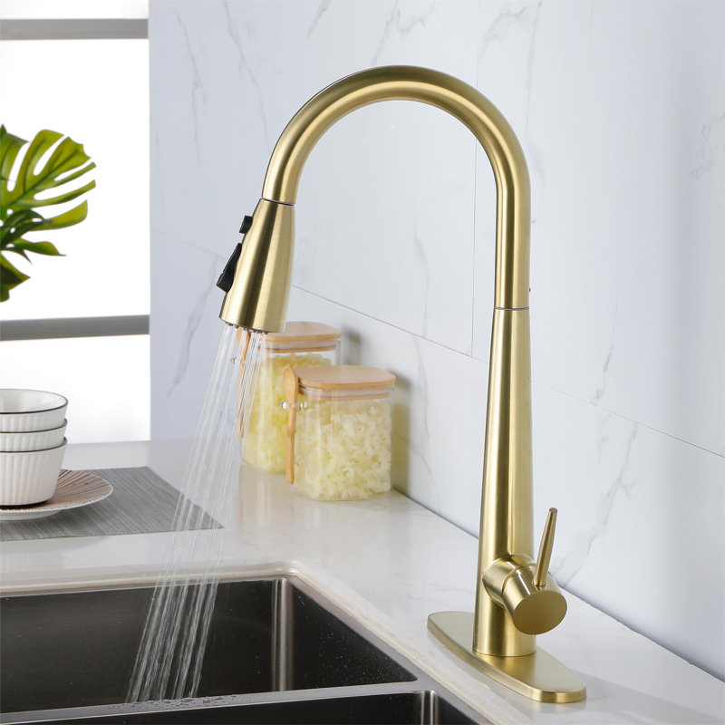 Topcraft Pull Down Single Handle Kitchen Faucet with Deck Plate, Gold