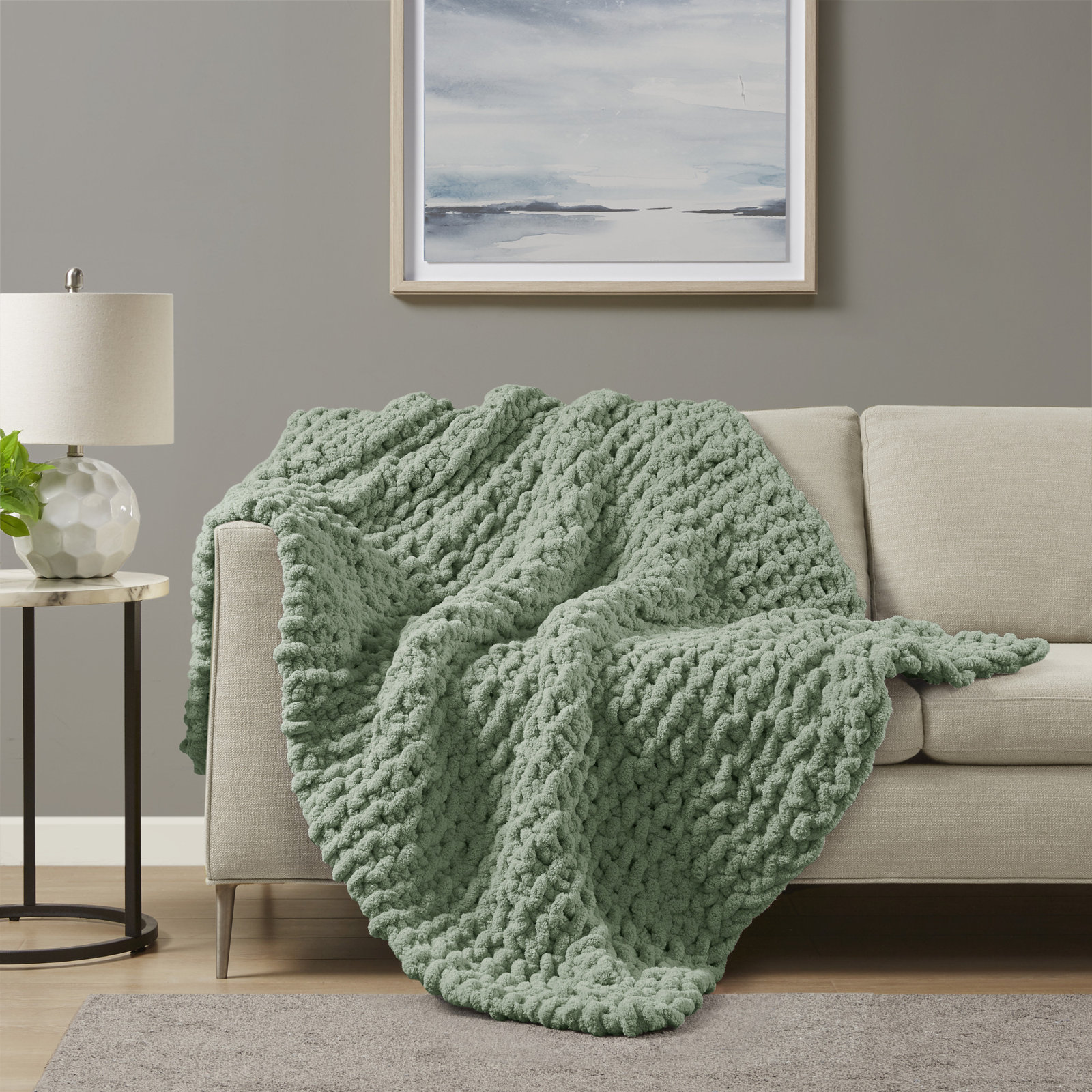 Chenille Chunky Knit Throw Blanket, Sage Green