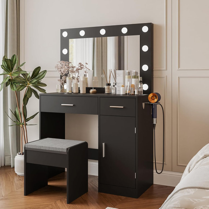 Bureau de meuble-lavabo avec miroir, grand tiroir et prise de courant avec 11 ampoules et 3 modes d'éclairage réglables, meuble-lavabo idéal pour la chambre à coucher