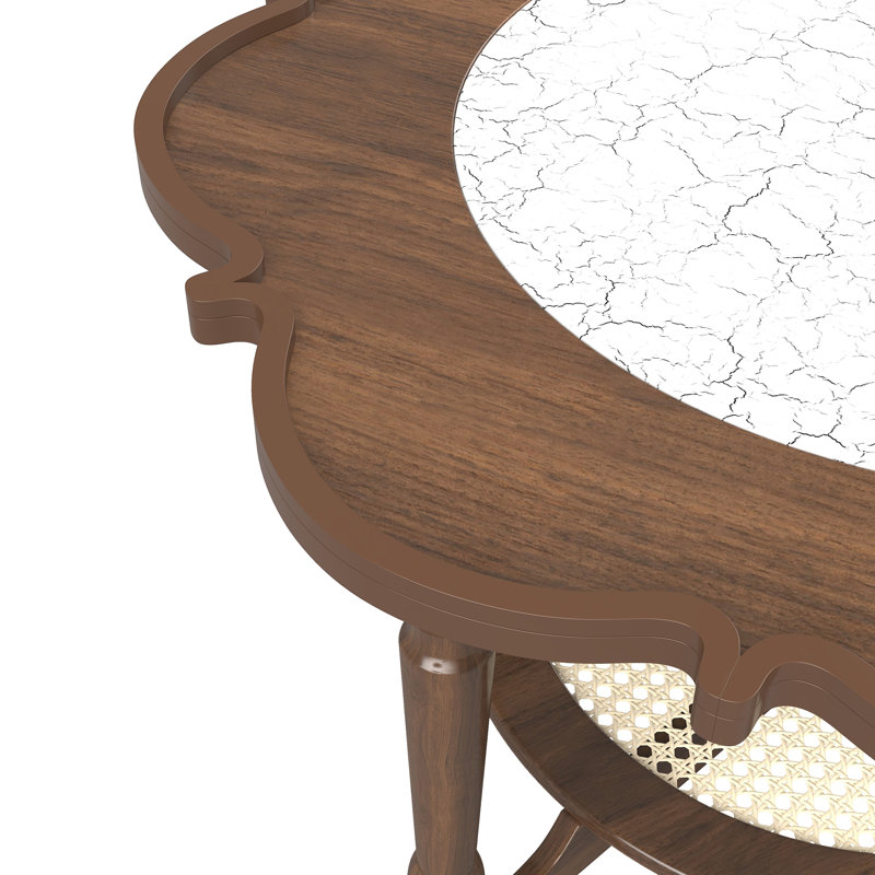 Table basse de style Mid-Century avec forme de pétale et verre à motif craquelé blanc, table basse à 2 niveaux avec rotin, noyer, 31,5 po (ancien numéro de référence: N735P291422D)