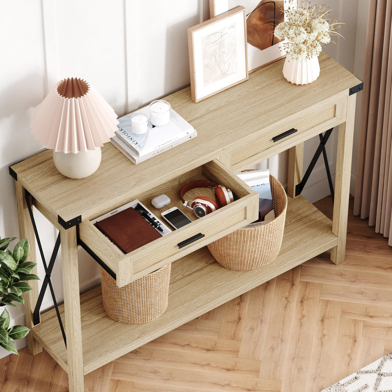 Console en rotin Boho avec 2 tiroirs - Table d'appoint 43 po