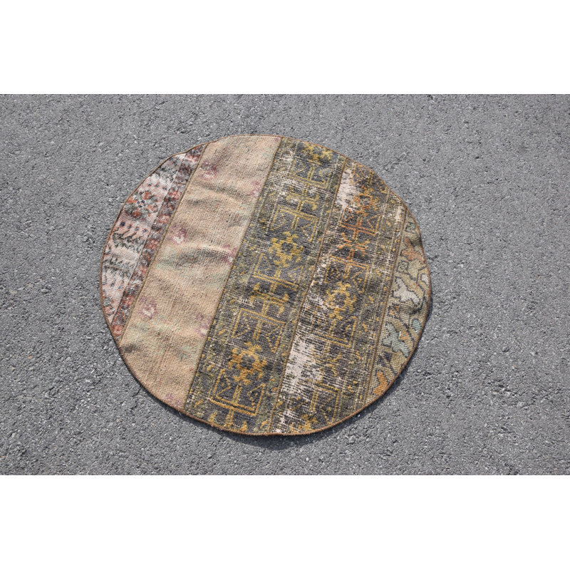Tapis vintage rétro Oushak: tapis d'entrée en cercle oriental en laine fabriqué à la main avec teinture organique
