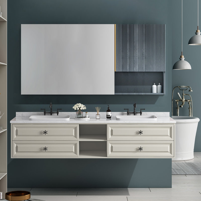 Meuble-lavabo mural flottant avec comptoir, 4 tiroirs et 2 tablettes, sans lavabo, kaki