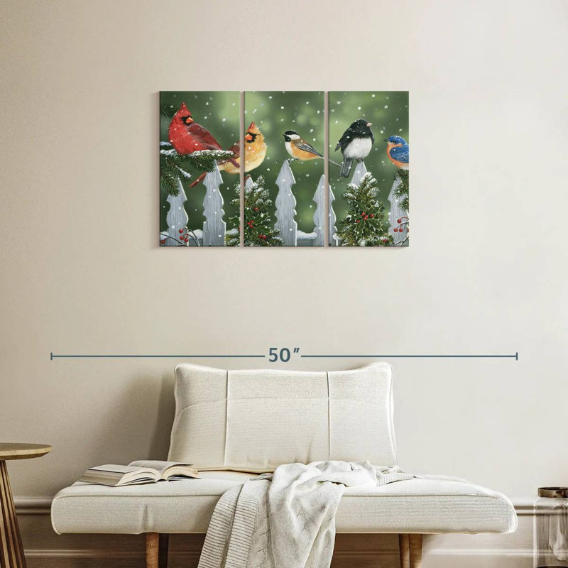 Oiseaux d'hiver Brampt sur une clôture enneigée, H 20 po x l 33 po