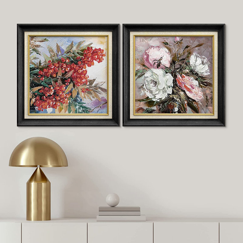 Red Wildflower White Roses - Ensemble de 2 peintures sur toile encadrées, Noir