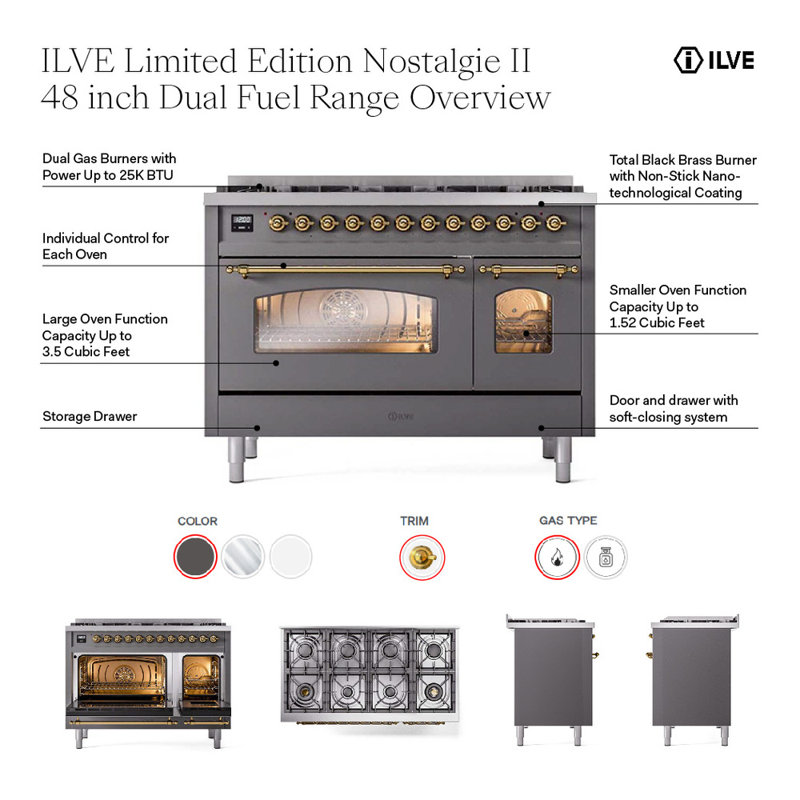 ILVE UPD406NMP Nostalgie II 40 inch Dual Fuel Range with 6 Total Black Brass Burners (Limited Edition), Graphite Matte
