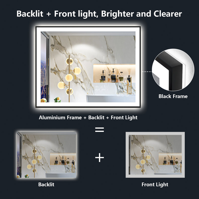 Matte Black Matel Framed Vanity Mirror with Lights, Front-lit and Back-lit, Memory Function, 3 Color Temperatures, Dimmable Light & Anti-fog Tempered Glass ETL Listed LED Mirror