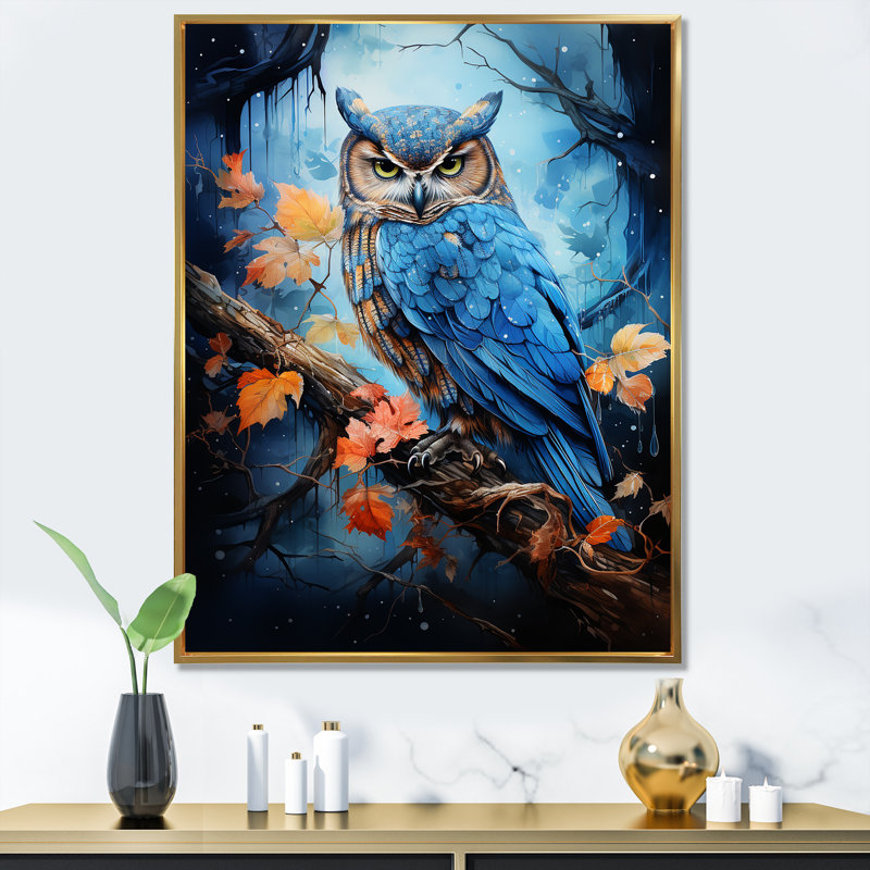 Blue Owls Moonlight Realm sur toile, Cadre flottant doré, H 44 po x l 34 po x P 1,5 po