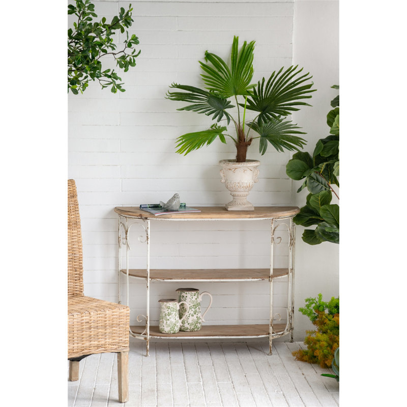 43.5X14x32" Three-Tiered White Wooden Shelving Unit With Ornate Iron Frame