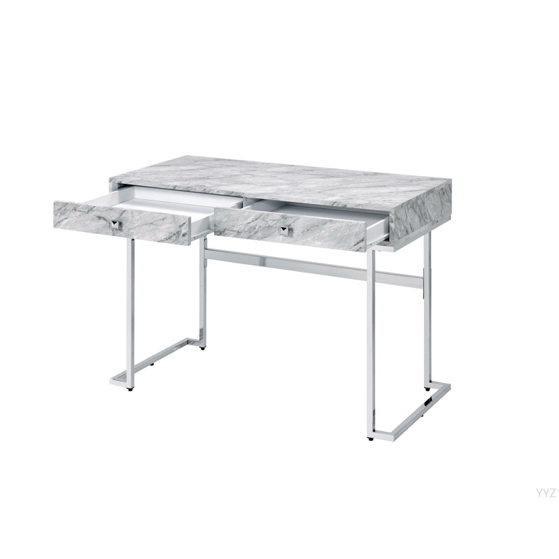Bureau d'écriture blanc avec plateau en faux marbre et finition chromée