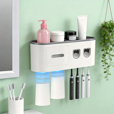 Wall-Mounted Toothbrush Holder with Drawer, 6 Slots (White)