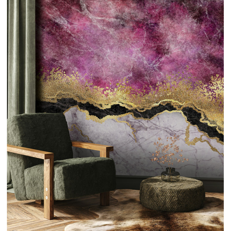 Papier peint avec bordure mauve et paillettes dorées, L 50 po x l 75 po