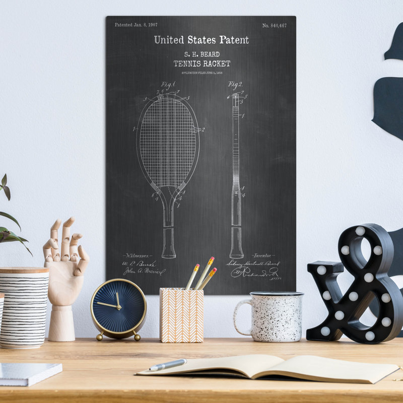 «Tennis Racket Blueprint Vernis Tableau», par Patents, H 16 po x l 12 po