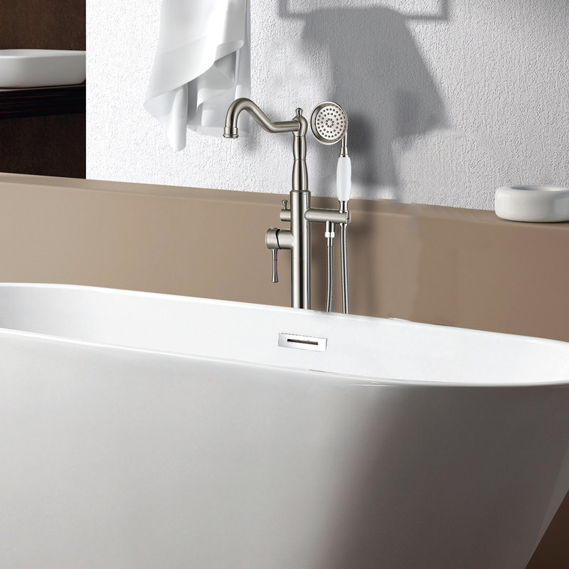 Robinet de baignoire autoportant en nickel brossé avec douche à main - Métal massif, nickel brossé à pleine couverture, corps de 13,09 lb