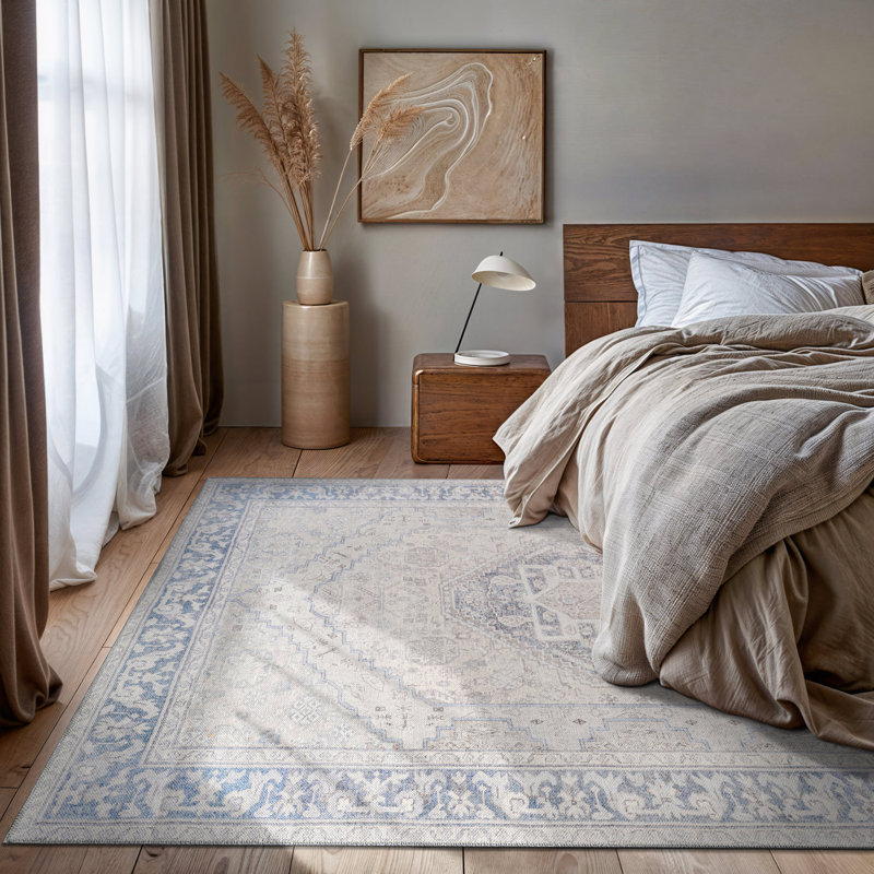 Valora Blue Traditional Washable Flatweave Rug With Non-Slip Backing, Rectangle 7'6" x 9'6"