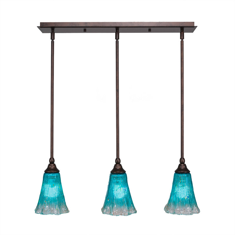 3 Light Stem Hung Linear Pendalier Shown With 5.5" Fluted Teal Crystal Glass, Bronze