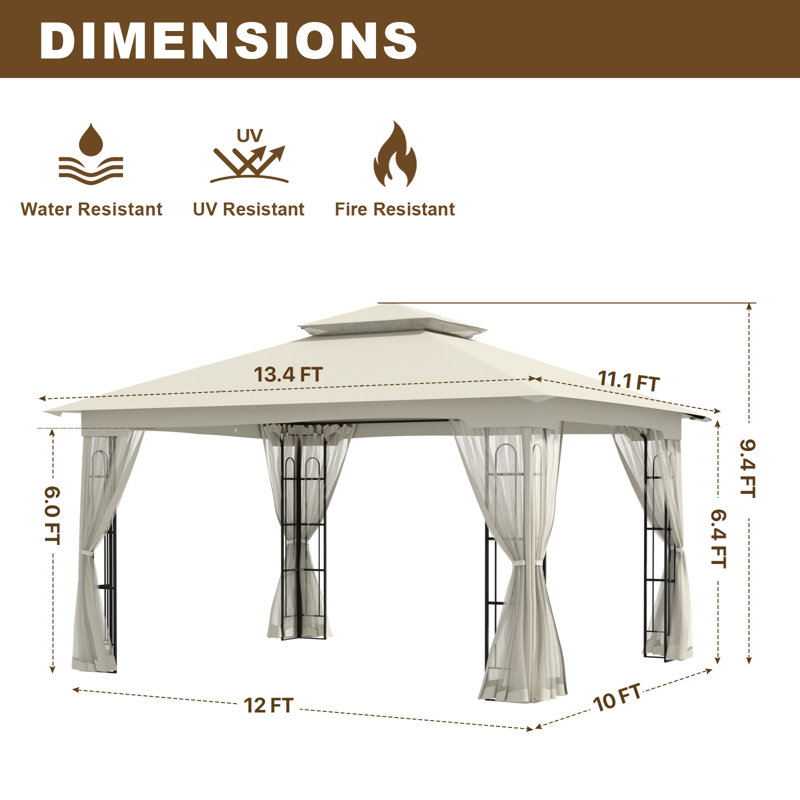 13 pi. L 11 pi. X P 11 pi. D Pavillon de jardin en acier, Beige