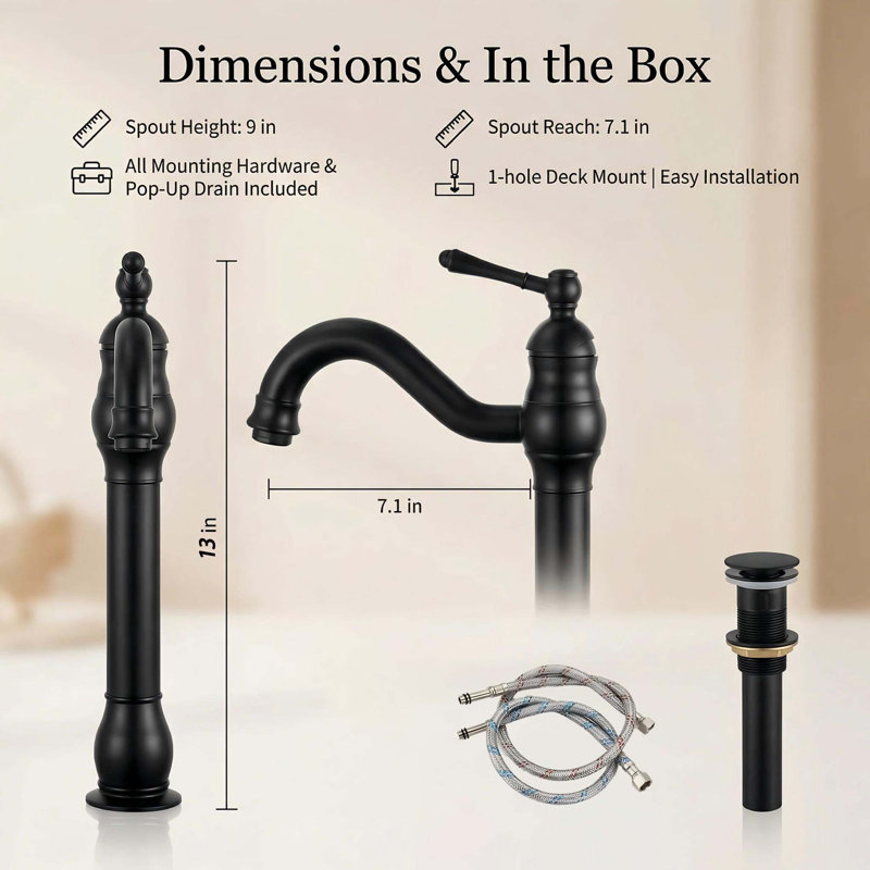 Robinet de lavabo vasque de salle de bain à poignée simple et trou unique avec ensemble de bonde escamotable, Noir mat