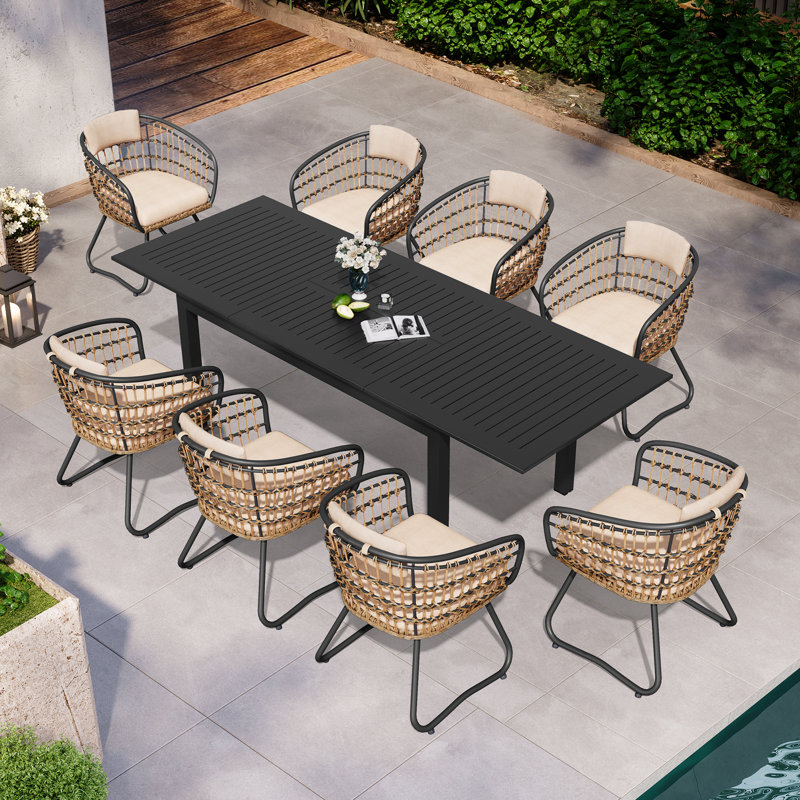 8 - Person Aluminum Rectangular Extendable Outdoor Dining Set with Cushion (Set of 9), Beige