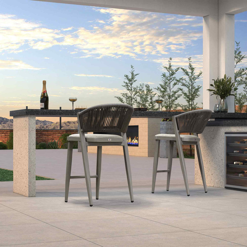 Ensemble de 2 tabourets de bar de patio avec coussins de couleur contrastante en aluminium, Gris Pierre, Albâtre