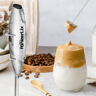 PowerLix Milk Frother Handheld Battery Operated Electric Whisk Foam Maker For Coffee With Stainless Steel Stand Included