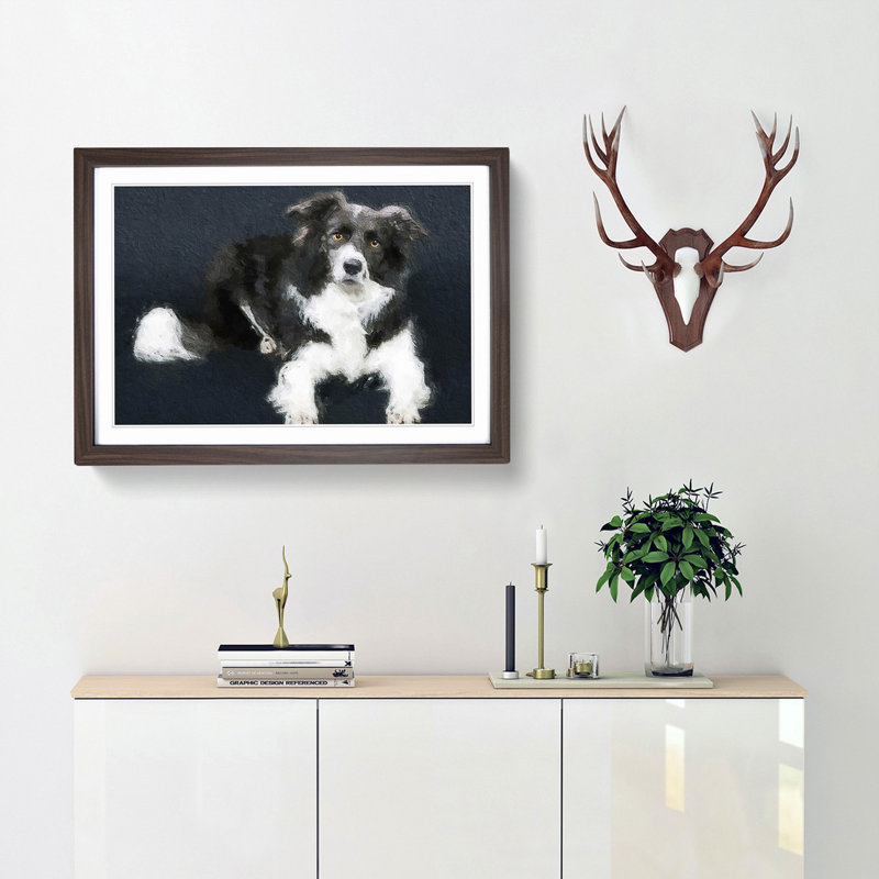 Resting Border Collie Dog - Picture Frame Painting Print, 48cm H x 65cm W x 2cm D, Walnut Framed