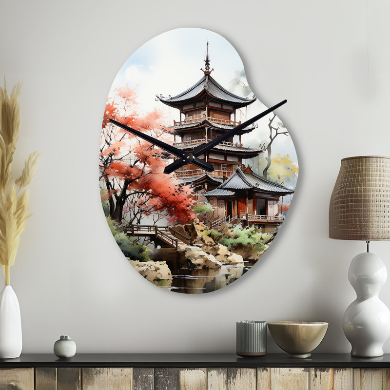 Asian Art Serene Pagoda IV - Art asiatique asymétrique, horloge murale corail, Grand