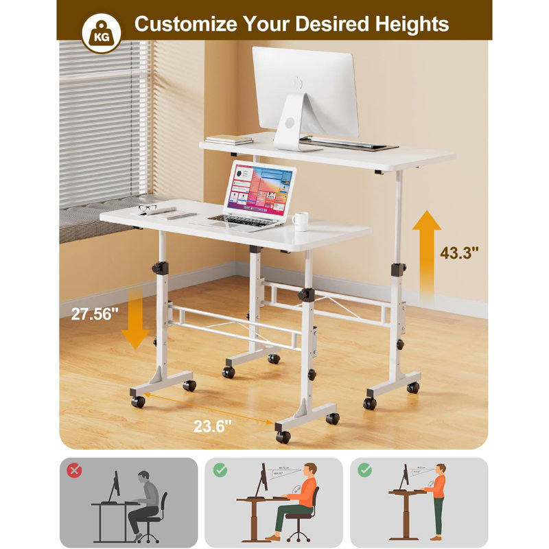 Small Standing Desk Adjustable Height, Mobile Stand Up Desk With Wheels, 32 Inch Portable Rolling Desks For Walking Pad Treadmill White